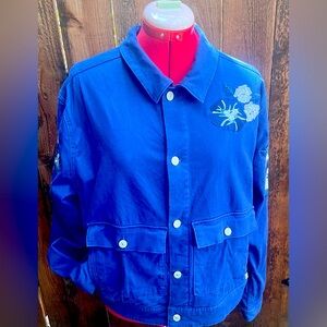 Pretty LuLaRoe Kenny Blue Jacket Size XL Floral embroidery